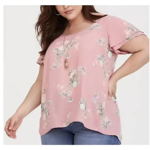 Torrid Floral Double Flutter Sleeve Semi Sheer Short Sleeve Blouse - Size 2X - Picture 1 of 5